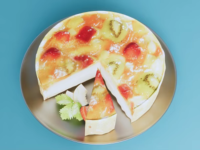 Fresh Fruit Cake Topped with Strawberries and Kiwi Sliced Garnished with Green Leaves 3d model