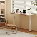 Adjustable Wooden Desk With Laptop Desk Lamp Mug And Photo Frame By Window With Blinds
