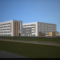 Modern Tall School Building With Front Lawn Central Pathway And Surrounding Trees