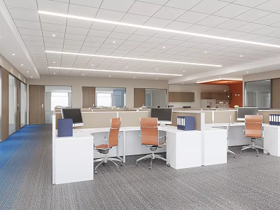 Modern Public Office Space With Workstations Desks Orange Chairs And Ceiling Lights 3d model