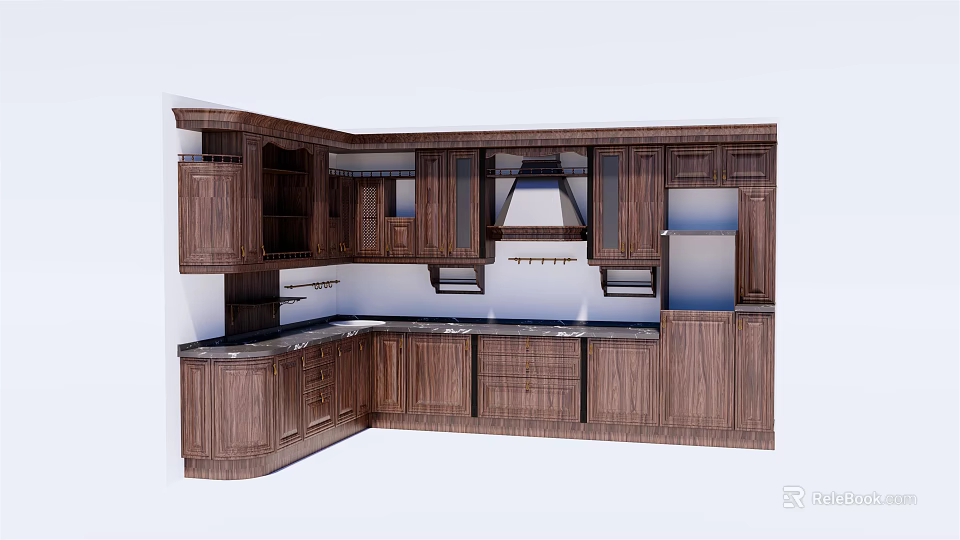 Dark Brown Wooden Kitchen Cabinets L Shaped Design With Countertop And Range Hood 3d model 
