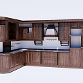 Dark Brown Wooden Kitchen Cabinets L Shaped Design With Countertop And Range Hood