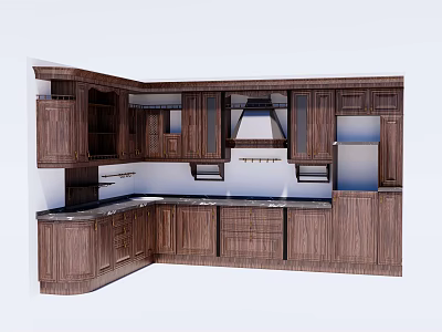 Dark Brown Wooden Kitchen Cabinets L Shaped Design With Countertop And Range Hood 3d model