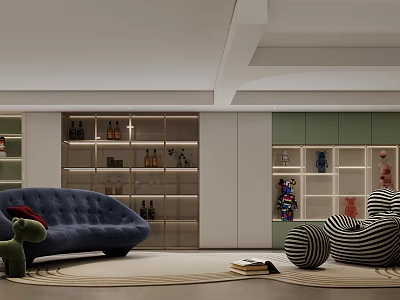 Cozy Leisure Area Interior With Navy Blue Sofa Striped Armchair Bookshelves And Decorative Items 3d model