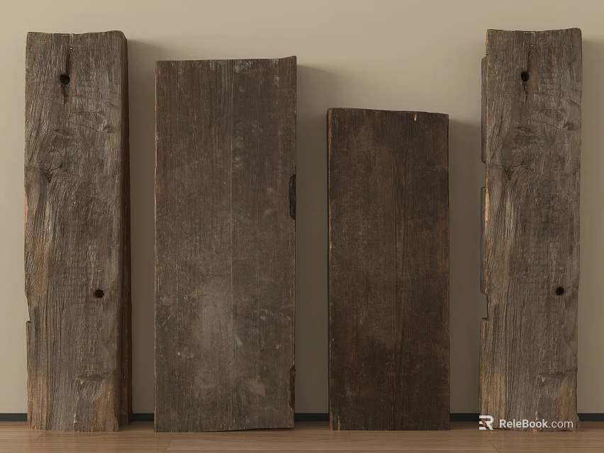 Rustic Wooden Planks with Natural Texture and Holes Leaning Against Wall 3d model 