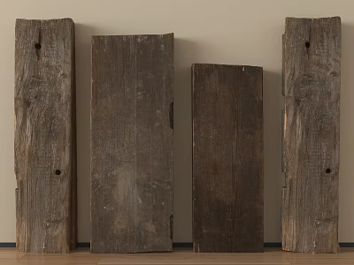 Rustic Wooden Planks with Natural Texture and Holes Leaning Against Wall 3d model