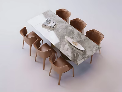 Elegant Modern Dining Table Set With Marble Top And Six Brown Chairs 3d model
