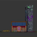 Cartoon Scene With Two Towers Small House Blue Roof Colorful Grass And Glowing Areas