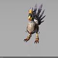 Fantasy Bird Character In Decorative Armor With Purple Feathers Sharp Claws And Helmet Headpiece