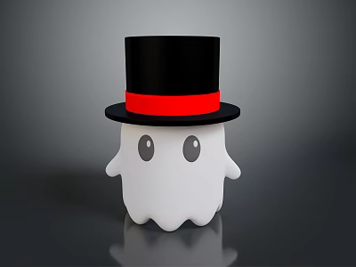 Cute White Ghost Game Movie Character With Black Top Hat And Red Band 3d model