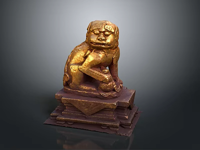 Traditional Golden Lion Statue Featuring Intricate Carving And Decorative Base 3d model