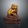 Traditional Golden Lion Statue Featuring Intricate Carving And Decorative Base