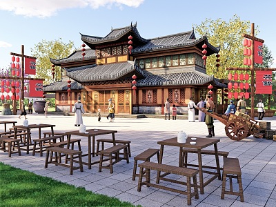 Chinese Ancient Restaurant Ancient Street Xinjiang Northwest Architecture Tourist Service Center Intangible Cultural Heritage Exhibition Hall Homestay Ancient Vendors Characters 3d model