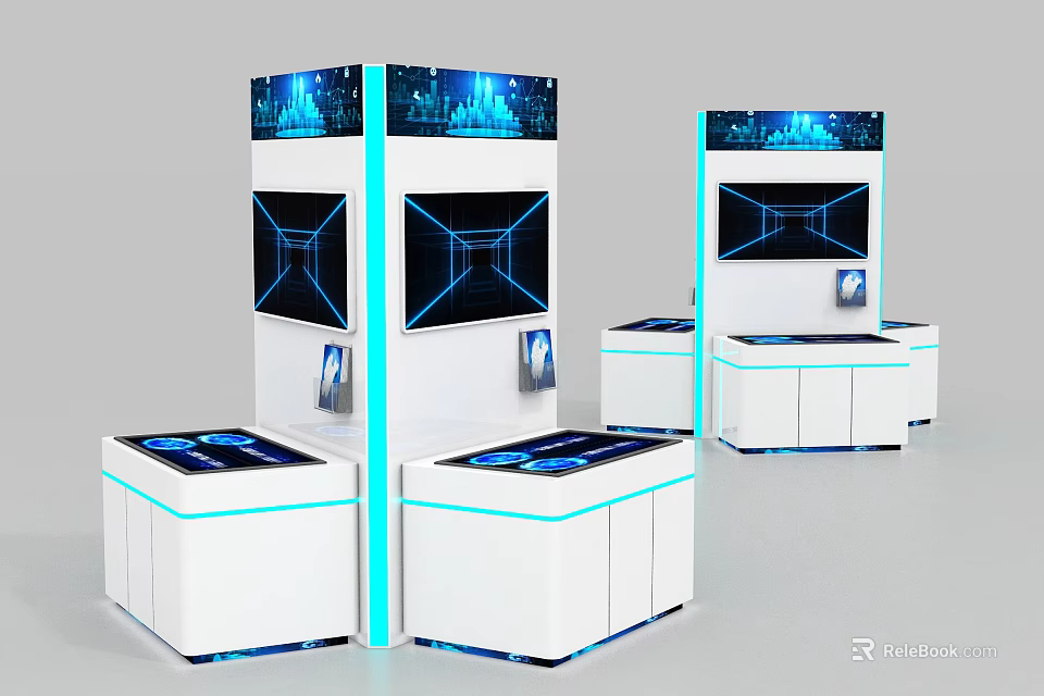 Modern Exhibition Display Shelves Featuring Blue Lighting Screens and Interactive White Structure 3d model