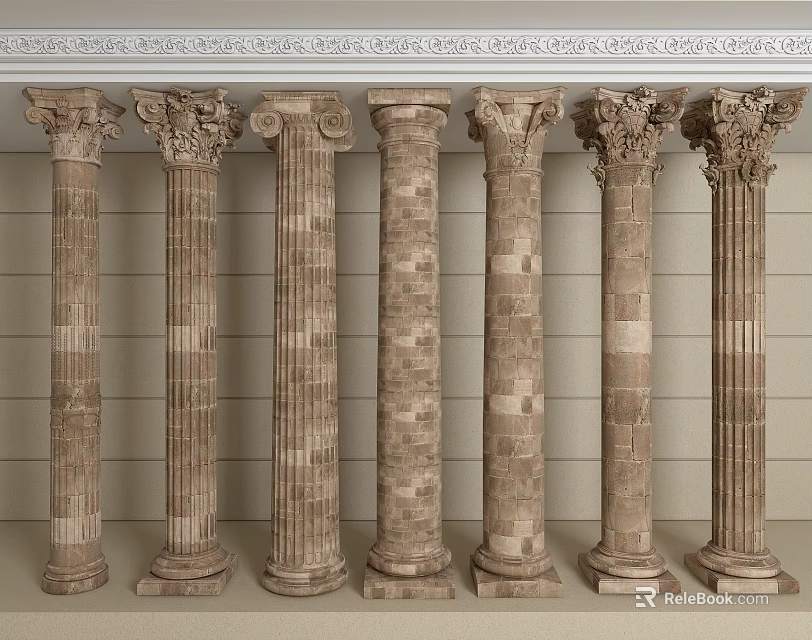 Various Designed Roman Columns Display In Room 3d model 