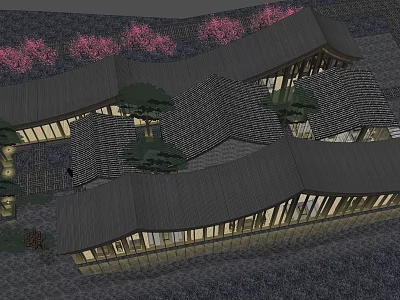 Contemporary Hotel Building With Curved Roof Illuminated Windows And Pink Flowers 3d model