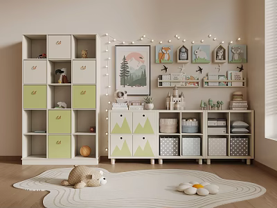 Cozy Kids Room Interior With Green Storage Cabinets Bookshelf Stuffed Toy And Rug 3d model