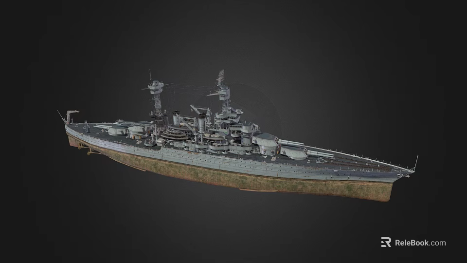 Vintage Battleship with Prominent Superstructure Turrets and Weathered Hull in Dark Background 3d model 