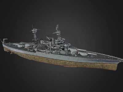 Vintage Battleship with Prominent Superstructure Turrets and Weathered Hull in Dark Background 3d model
