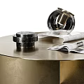 Modern Round Brass Coffee Table With Geometric Base Glass Decor And Open Magazine