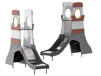 Two Metal Playground Slides With Red Gray Design And Circular Openings 3d model