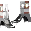 Two Metal Playground Slides With Red Gray Design And Circular Openings