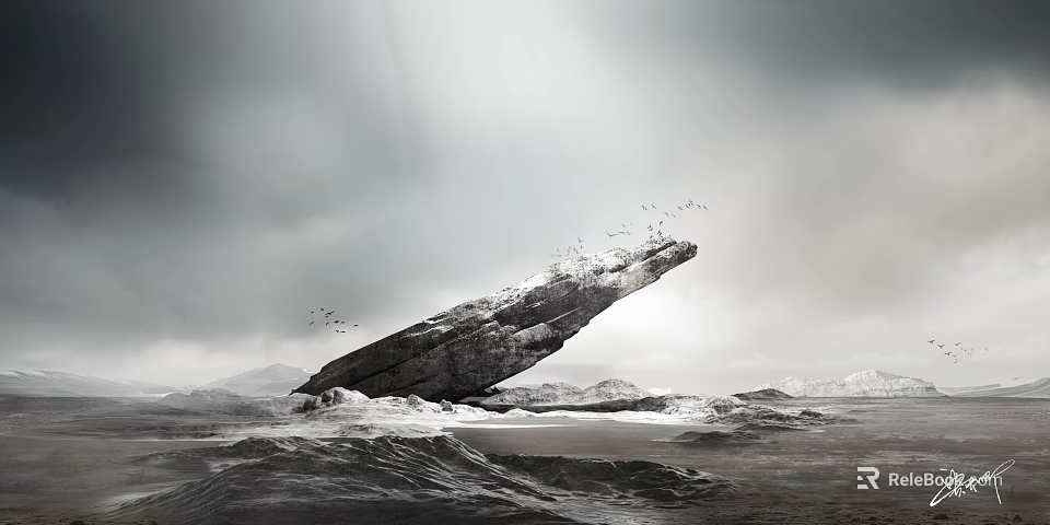 Large Tilted Rock By Coastal Waves With Cloudy Sky Flying Birds And Distant Mountains 3d model 