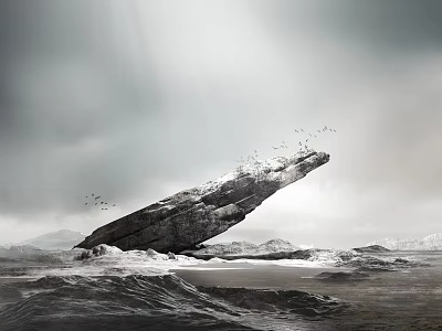 Large Tilted Rock By Coastal Waves With Cloudy Sky Flying Birds And Distant Mountains 3d model