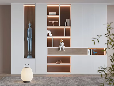Modern White Bookcase Interior Design With Wooden Shelves Built in Lighting And Decorative Figurines 3d model