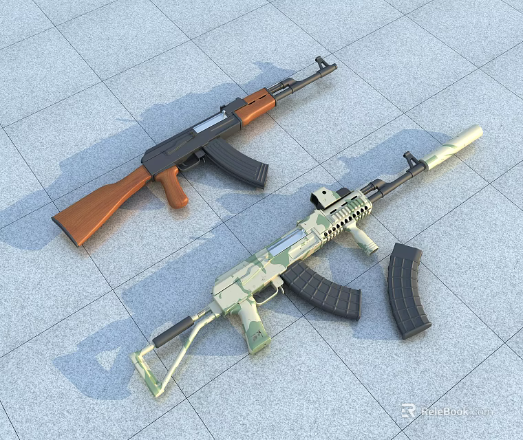 Military Rifles With Brown Wooden Stock And Camouflage Pattern On Tiled Floor 3d model 