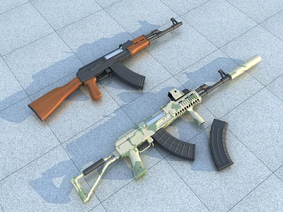 Military Rifles With Brown Wooden Stock And Camouflage Pattern On Tiled Floor 3d model
