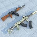 Military Rifles With Brown Wooden Stock And Camouflage Pattern On Tiled Floor