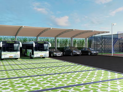 Covered Parking Lot Featuring White Buses Black Cars Green Patterned Ground And Plants 3d model