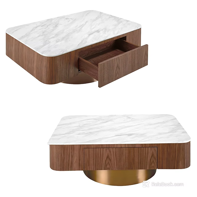 Elegant Coffee Table Featuring Marble Top Walnut Drawer And Gold Metal Base 3d model 