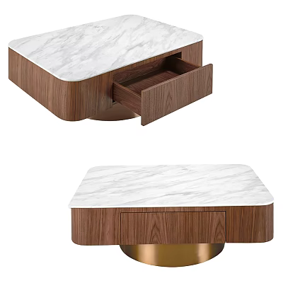 Elegant Coffee Table Featuring Marble Top Walnut Drawer And Gold Metal Base 3d model
