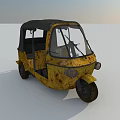 Rusty Yellow Motor Tricycle With Black Roof And Open Cabin Structure Design