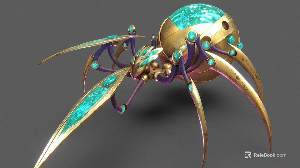 Ornate Fantasy Spider Like Creature With Golden Legs And Green Gem Details 3d model 