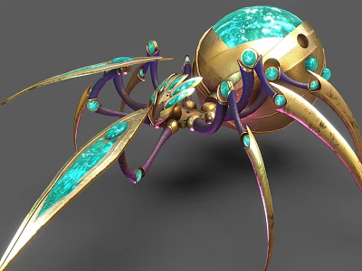 Ornate Fantasy Spider Like Creature With Golden Legs And Green Gem Details 3d model