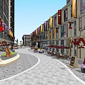 Vibrant Commercial Street With Purple Signs Outdoor Seats Street Lamps And Stone Pavement