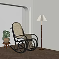 Rattan Leisure Chair with Blanket and Potted Plant Near Floor Lamp in Modern Interior