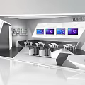 Modern Exhibition Booth Design With Digital Screens And White Tables For