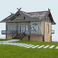Traditional Tourist Center With Wooden Structure Tile Roof Glass Windows And Balcony Railings