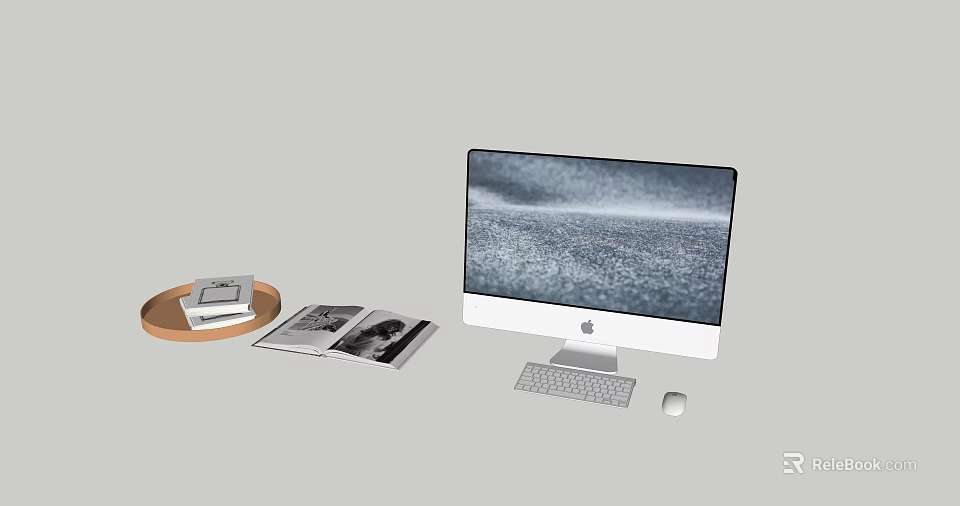 Modern Desktop Computer Setup with Keyboard Mouse Open Magazines and Books on Wooden Tray 3d model 