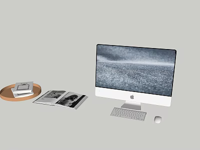 Modern Desktop Computer Setup with Keyboard Mouse Open Magazines and Books on Wooden Tray 3d model