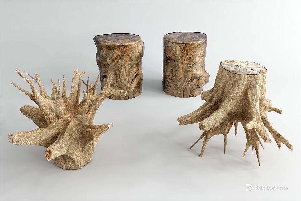 Natural Wood And Stone Decorative Stumps With Rustic Texture And Unique Shapes 3d model 