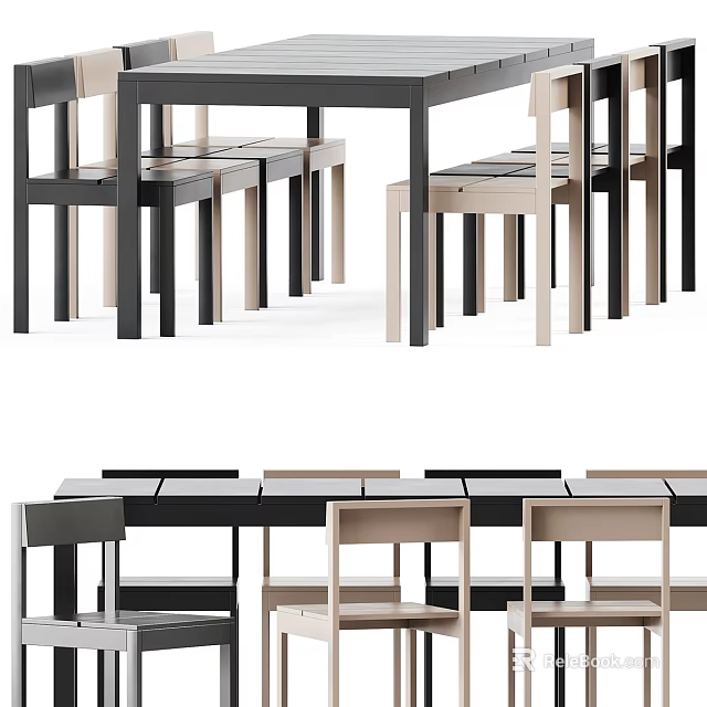 Modern Dining Table Set With Black And Light Wood Chairs Design 3d model