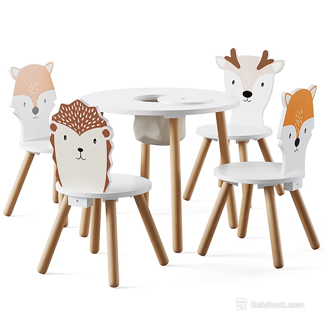 Kids Round Table with Cute Animal Shaped Chairs and Wooden Legs for Children 3d model 