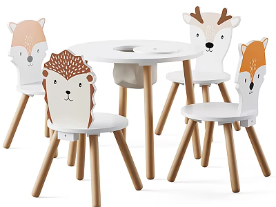 Kids Round Table with Cute Animal Shaped Chairs and Wooden Legs for Children 3d model
