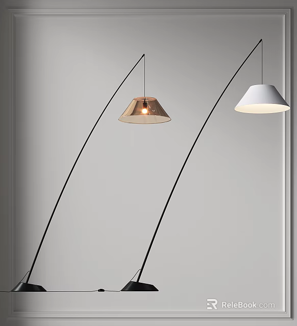 Modern Curved Arm Floor Lamps With Copper And White Metallic Shades On Grey Wall 3d model 