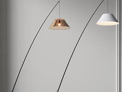 Modern Curved Arm Floor Lamps With Copper And White Metallic Shades On Grey Wall 3d model